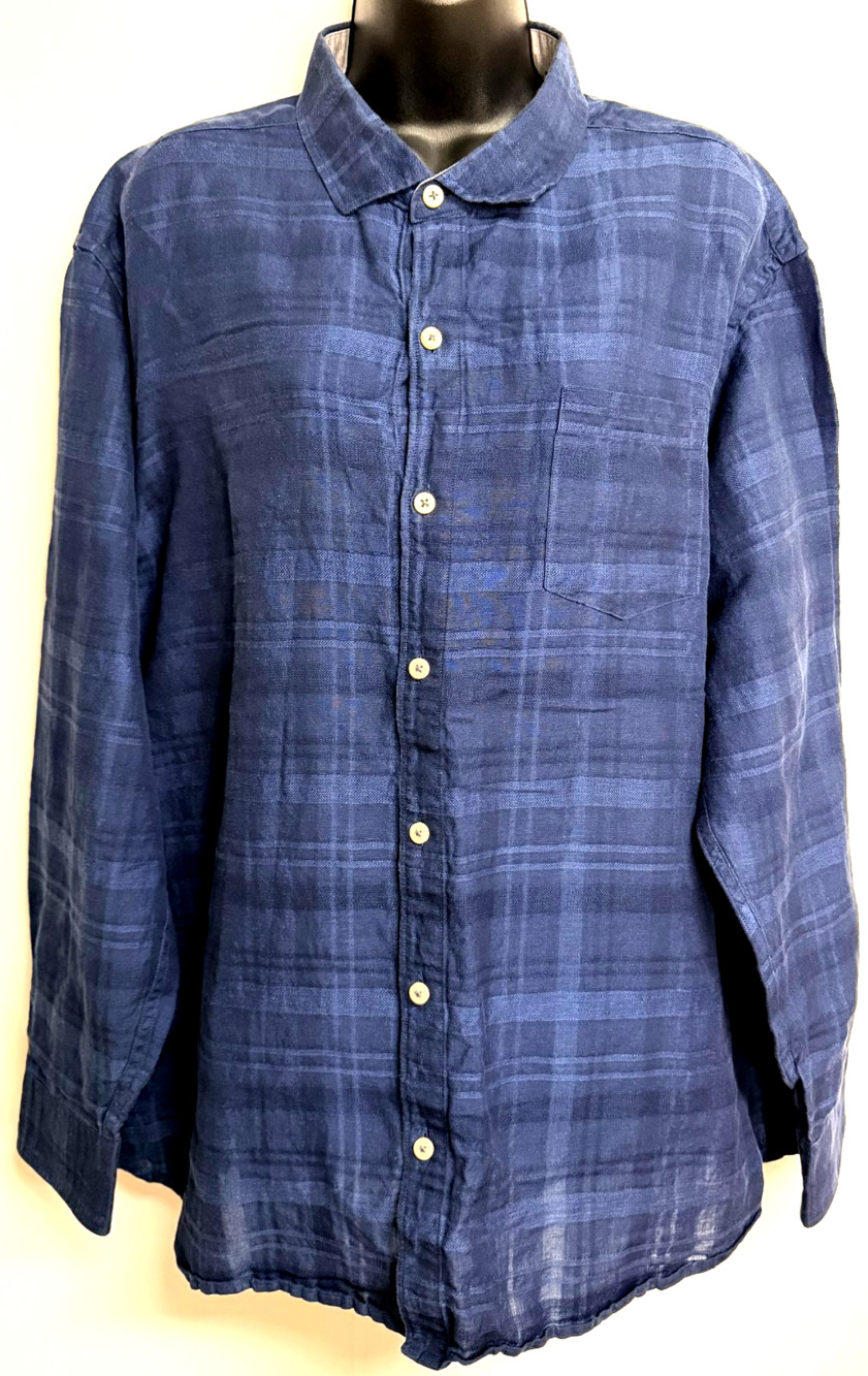 Tommy Bahama Button-Up Long Slevee Shirt Mens XL Blue Plaid Linen Blend Classic